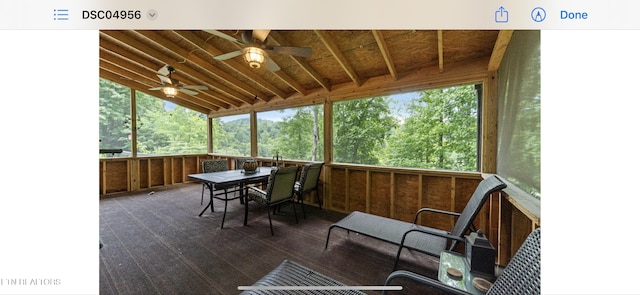 149 Giles Rd, Cosby, TN 37722 - sunroom featuring ceiling fan, lofted ceiling, and outdoor dining space