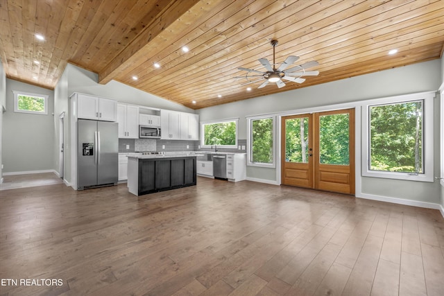 11325 New Highway 68, Tellico Plains, TN 37385 - kitchen with appliances with stainless steel finishes, a kitchen island, white cabinetry, lofted ceiling, and ceiling fan