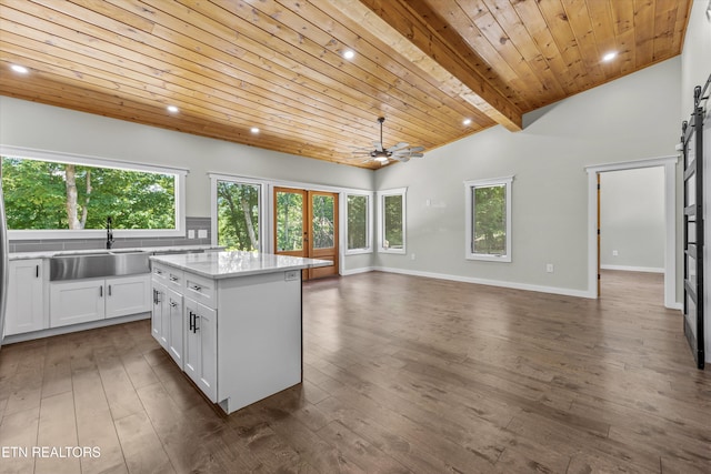 11325 New Highway 68, Tellico Plains, TN 37385 - kitchen with a barn door, ceiling fan, white cabinets, a center island, and wooden ceiling