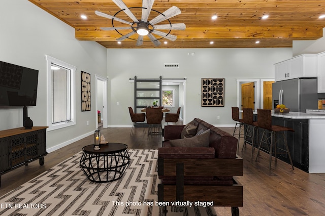 11325 New Highway 68, Tellico Plains, TN 37385 - living area with wooden ceiling, wood finished floors, recessed lighting, a towering ceiling, and ceiling fan