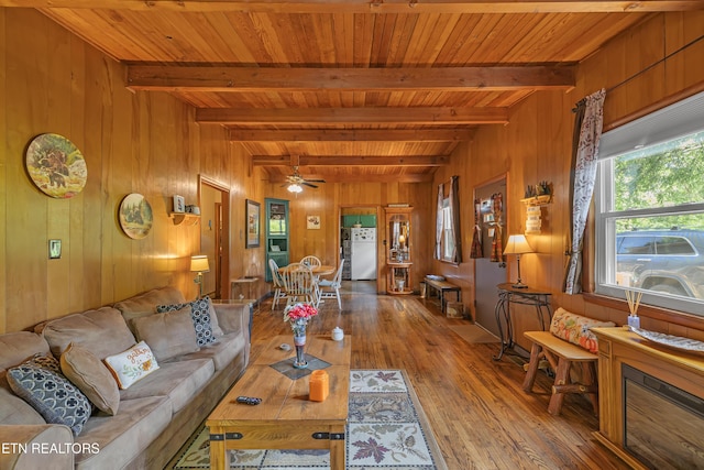 432 W Loop Rd, Gatlinburg, TN 37738 - living room with hardwood / wood-style floors, a wood ceiling with exposed beams, wood walls, and ceiling fan