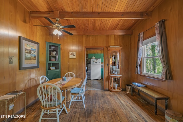 432 W Loop Rd, Gatlinburg, TN 37738 - dining room with hardwood / wood-style floors, wood walls, a wood ceiling with exposed beams, and ceiling fan