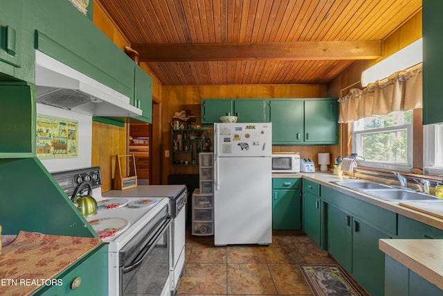 432 W Loop Rd, Gatlinburg, TN 37738 - kitchen featuring white appliances, green cabinets, a wood ceiling with exposed beams, wooden walls, and light countertops