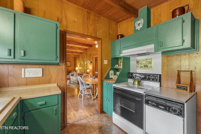 432 W Loop Rd, Gatlinburg, TN 37738 - kitchen featuring a wood ceiling with exposed beams, electric stove, wooden walls, white dishwasher, and green cabinets