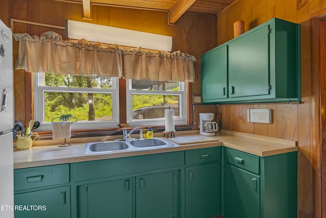 432 W Loop Rd, Gatlinburg, TN 37738 - kitchen featuring wooden walls, light countertops, green cabinetry, healthy amount of natural light, and wood ceiling