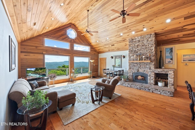 61 Brim Ln, Hilham, TN 38568 - living area with a ceiling fan, high vaulted ceiling, hardwood / wood-style flooring, wood ceiling, and a stone fireplace