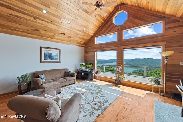 61 Brim Ln, Hilham, TN 38568 - living area with wooden ceiling, wooden walls, high vaulted ceiling, hardwood / wood-style flooring, and ceiling fan