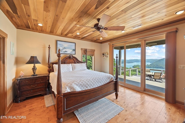 61 Brim Ln, Hilham, TN 38568 - bedroom featuring a water view, wooden ceiling, access to outside, light wood-style flooring, and recessed lighting
