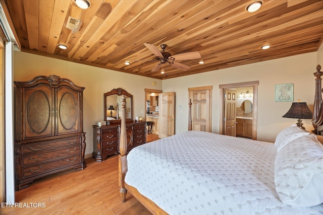 61 Brim Ln, Hilham, TN 38568 - bedroom with light wood finished floors, wooden ceiling, recessed lighting, and ensuite bath