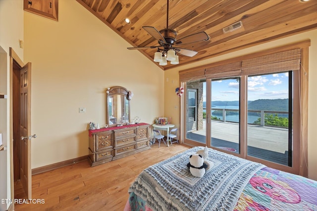 61 Brim Ln, Hilham, TN 38568 - bedroom featuring access to exterior, wooden ceiling, light wood-type flooring, high vaulted ceiling, and a water view