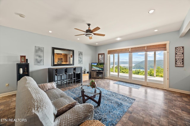 61 Brim Ln, Hilham, TN 38568 - living room with recessed lighting, a ceiling fan, and stone finish floors