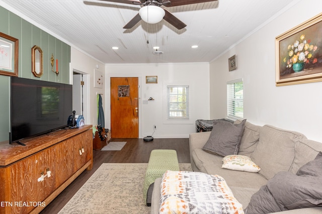 712 S Everett High Rd, Maryville, TN 37804 - living area featuring ornamental molding, dark wood-type flooring, a ceiling fan, and recessed lighting