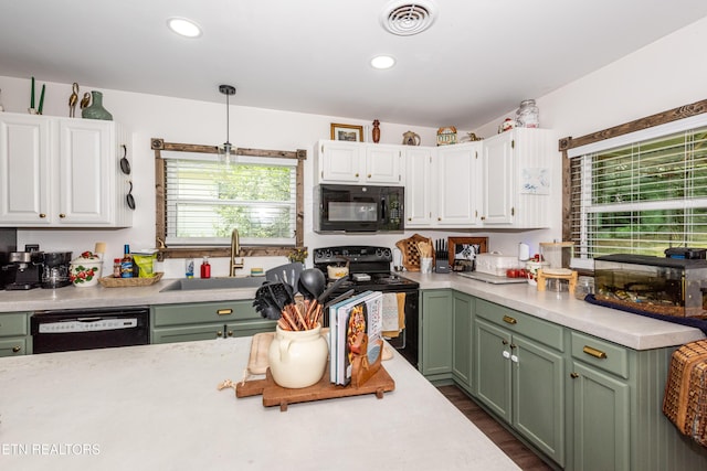 712 S Everett High Rd, Maryville, TN 37804 - kitchen featuring black appliances, light countertops, green cabinetry, white cabinets, and recessed lighting