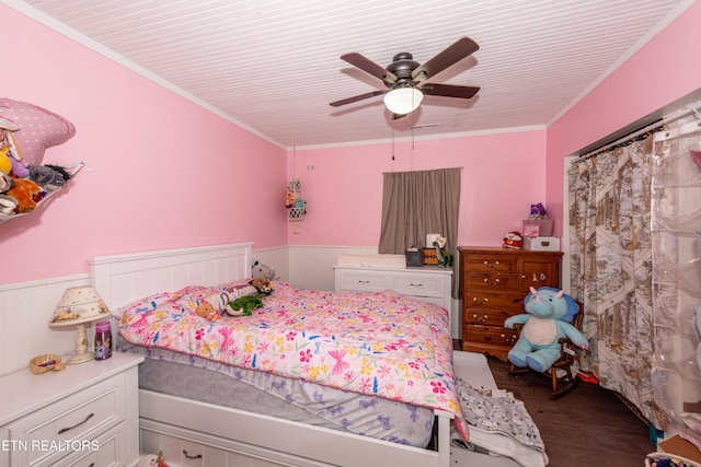 712 S Everett High Rd, Maryville, TN 37804 - bedroom featuring wood finished floors, wainscoting, ornamental molding, and ceiling fan