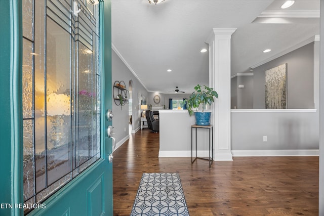 404 Chota Landing Way, Loudon, TN 37774 - entrance foyer with ornamental molding, a ceiling fan, dark wood-type flooring, recessed lighting, and ornate columns