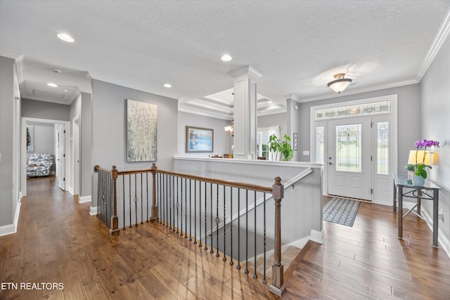 404 Chota Landing Way, Loudon, TN 37774 - entrance foyer featuring hardwood / wood-style flooring, ornamental molding, a textured ceiling, recessed lighting, and decorative columns