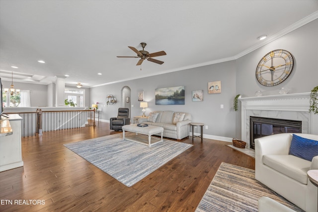 404 Chota Landing Way, Loudon, TN 37774 - living area featuring a high end fireplace, wood finished floors, a ceiling fan, crown molding, and recessed lighting