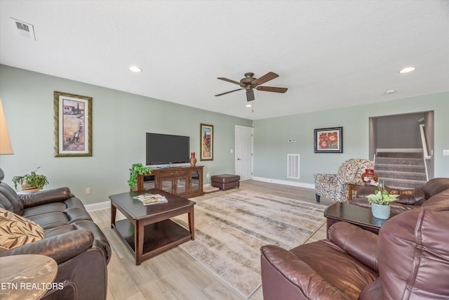 404 Chota Landing Way, Loudon, TN 37774 - living room with ceiling fan, light wood-type flooring, recessed lighting, and stairway
