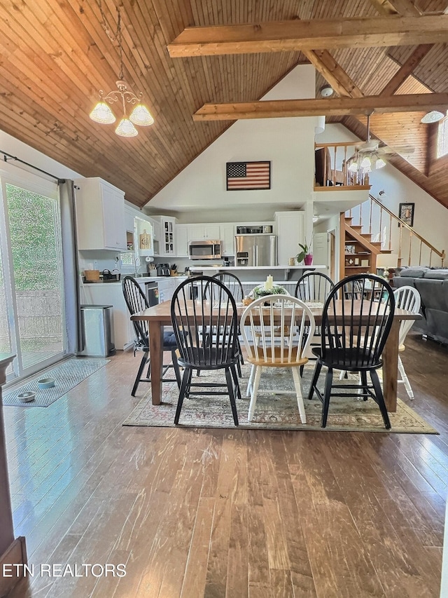 1292 Martin Ln, Lafollette, TN 37766 - dining space featuring a chandelier, light wood-style floors, stairway, high vaulted ceiling, and wooden ceiling