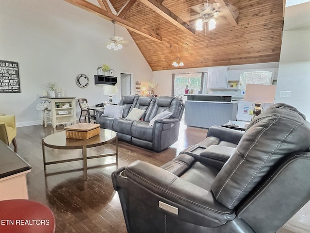 1292 Martin Ln, Lafollette, TN 37766 - living area with ceiling fan, a wood ceiling with exposed beams, wood finished floors, and high vaulted ceiling