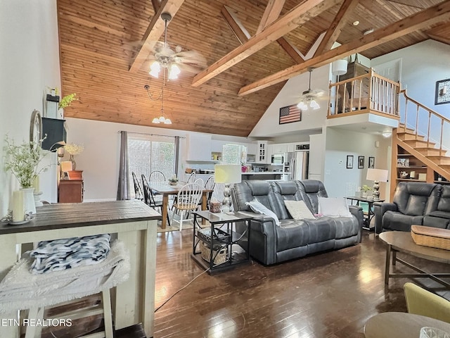 1292 Martin Ln, Lafollette, TN 37766 - living room with ceiling fan, a wooden ceiling with exposed beams, high vaulted ceiling, hardwood / wood-style floors, and stairs