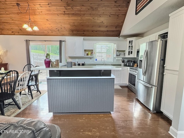 1292 Martin Ln, Lafollette, TN 37766 - kitchen featuring stainless steel appliances, vaulted ceiling, wooden ceiling, plenty of natural light, and white cabinets