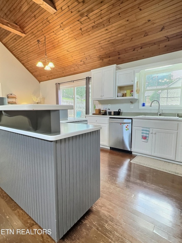 1292 Martin Ln, Lafollette, TN 37766 - kitchen with stainless steel dishwasher, open shelves, wood ceiling, white cabinets, and light countertops