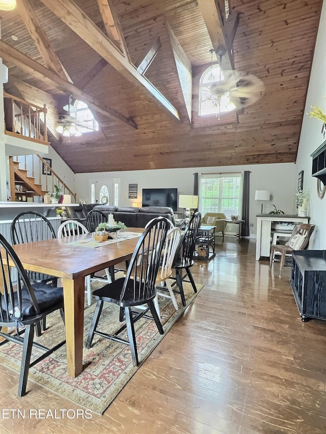 1292 Martin Ln, Lafollette, TN 37766 - dining area featuring a ceiling fan, a wooden ceiling with exposed beams, stairs, high vaulted ceiling, and wood finished floors