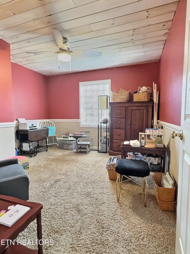 1292 Martin Ln, Lafollette, TN 37766 - living area with wooden ceiling, a ceiling fan, and carpet flooring
