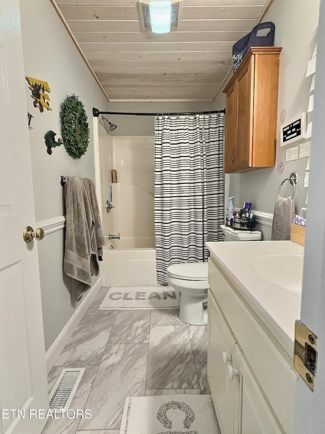 1292 Martin Ln, Lafollette, TN 37766 - full bathroom featuring wooden ceiling, shower / tub combo, vanity, and marble look tile flooring
