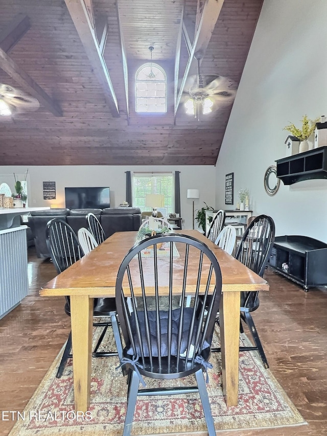 1292 Martin Ln, Lafollette, TN 37766 - dining room featuring ceiling fan, wood finished floors, a wooden ceiling with exposed beams, and high vaulted ceiling