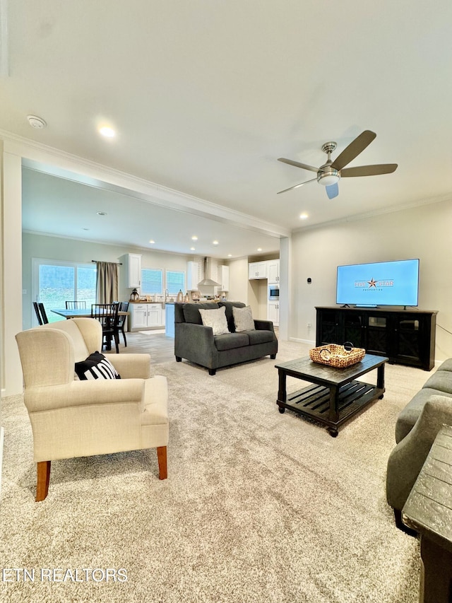 105 Ruby Ln, New Tazewell, TN 37824 - living room with ornamental molding, light colored carpet, ceiling fan, and recessed lighting