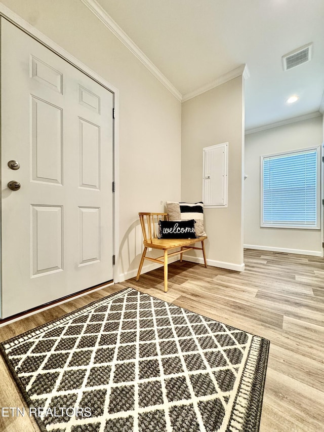 105 Ruby Ln, New Tazewell, TN 37824 - entrance foyer with ornamental molding, light wood-type flooring, and electric panel