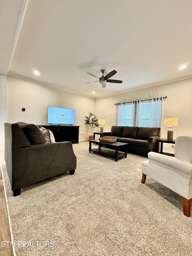 105 Ruby Ln, New Tazewell, TN 37824 - living area featuring carpet, ceiling fan, recessed lighting, and ornamental molding