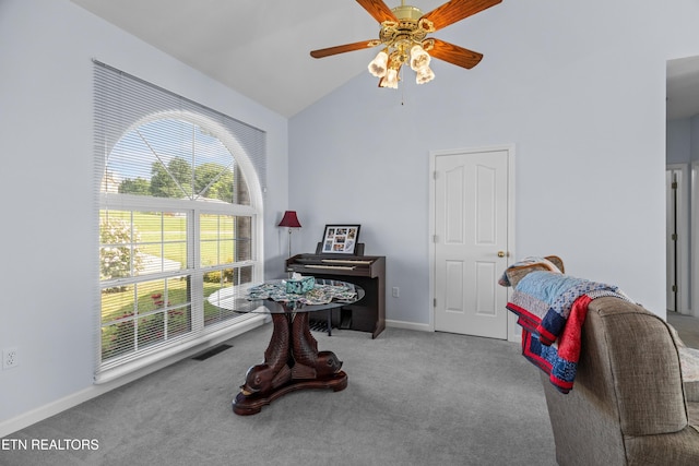 108 Skyline Dr, Dandridge, TN 37725 - living area with carpet floors, high vaulted ceiling, and ceiling fan