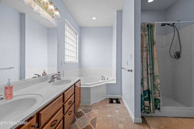108 Skyline Dr, Dandridge, TN 37725 - full bathroom with a shower with curtain, a garden tub, double vanity, recessed lighting, and stone finish flooring