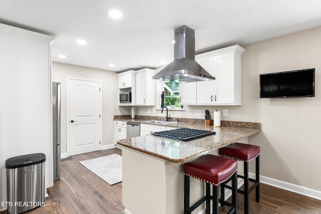 313 Hardwicke Dr, Knoxville, TN 37923 - kitchen with island exhaust hood, appliances with stainless steel finishes, dark wood-style flooring, white cabinetry, and a peninsula