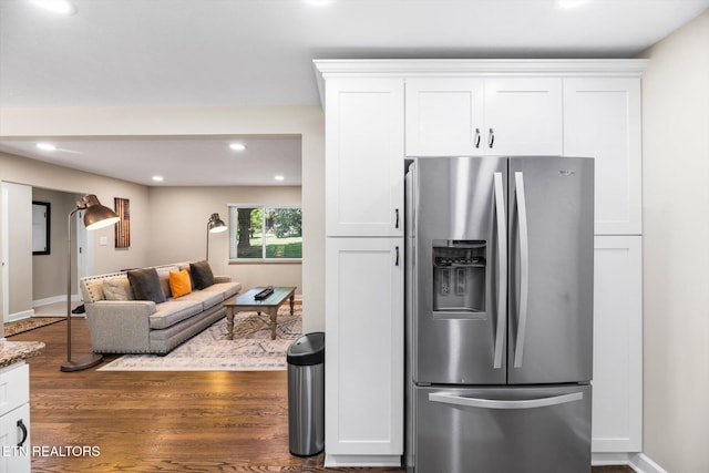 313 Hardwicke Dr, Knoxville, TN 37923 - kitchen featuring stainless steel fridge with ice dispenser, recessed lighting, white cabinetry, dark wood finished floors, and stone counters