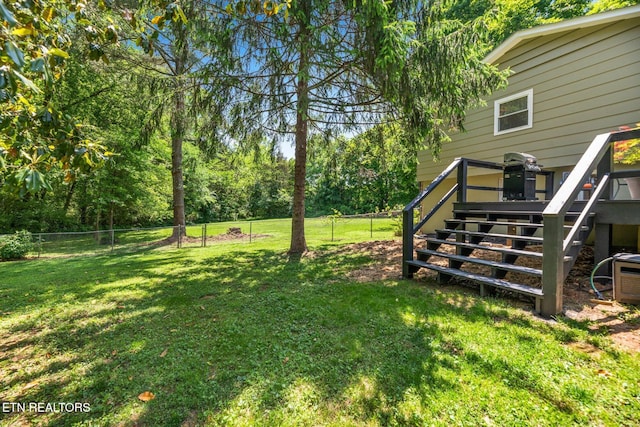 313 Hardwicke Dr, Knoxville, TN 37923 - fenced backyard featuring stairway, view of wooded area, and a deck
