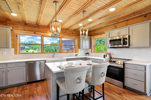 1144 Sanctuary Shores Way, Sevierville, TN 37876 - kitchen featuring appliances with stainless steel finishes, gray cabinetry, a wood ceiling with exposed beams, decorative backsplash, and wood finished floors