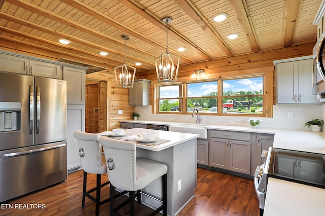 1144 Sanctuary Shores Way, Sevierville, TN 37876 - kitchen with appliances with stainless steel finishes, a wooden ceiling with exposed beams, gray cabinets, dark wood finished floors, and a chandelier