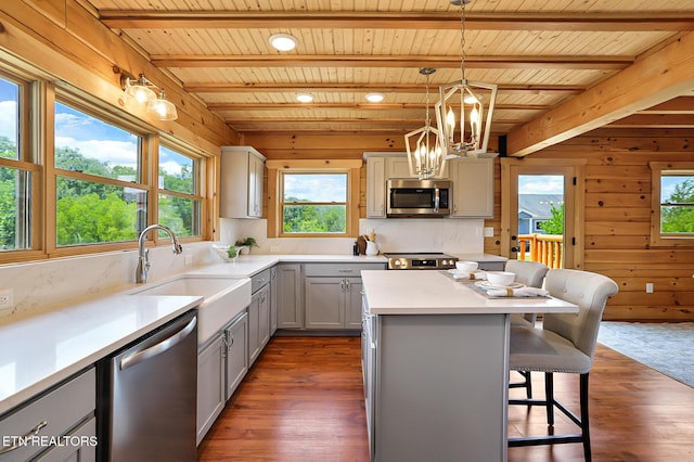 1144 Sanctuary Shores Way, Sevierville, TN 37876 - kitchen featuring appliances with stainless steel finishes, gray cabinetry, a wood ceiling with exposed beams, tasteful backsplash, and dark wood finished floors