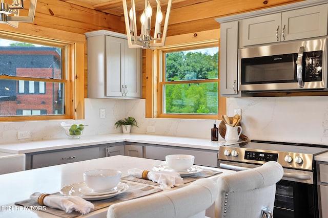 1144 Sanctuary Shores Way, Sevierville, TN 37876 - kitchen featuring appliances with stainless steel finishes, a chandelier, gray cabinets, light countertops, and backsplash