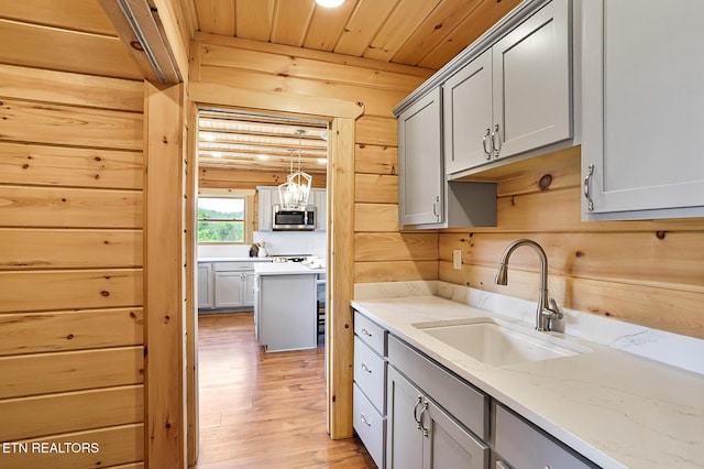 1144 Sanctuary Shores Way, Sevierville, TN 37876 - kitchen featuring stainless steel microwave, light wood-style floors, gray cabinets, wood ceiling, and wood walls
