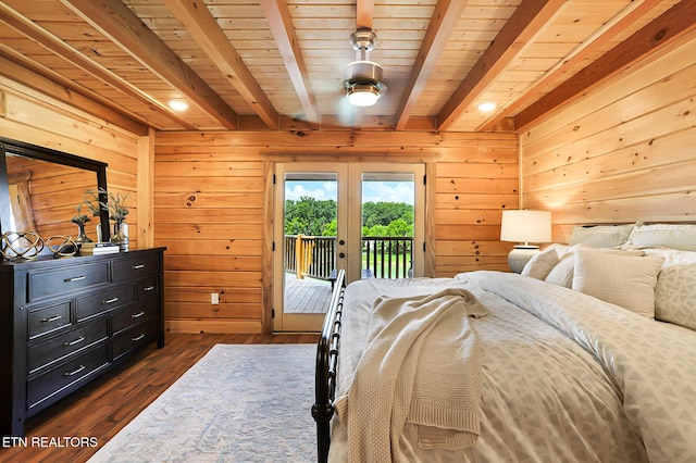 1144 Sanctuary Shores Way, Sevierville, TN 37876 - bedroom featuring french doors, access to exterior, wooden walls, dark wood-type flooring, and a wood ceiling with exposed beams