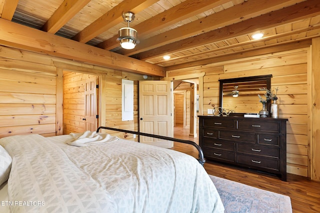 1144 Sanctuary Shores Way, Sevierville, TN 37876 - bedroom with wood walls, dark wood-style floors, and a wood ceiling with exposed beams
