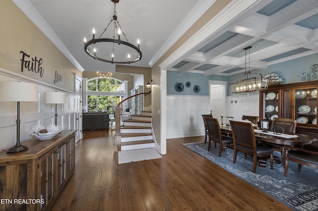 12706 Highwick Cir, Knoxville, TN 37934 - dining area featuring a chandelier, a decorative wall, dark wood-type flooring, crown molding, and beam ceiling