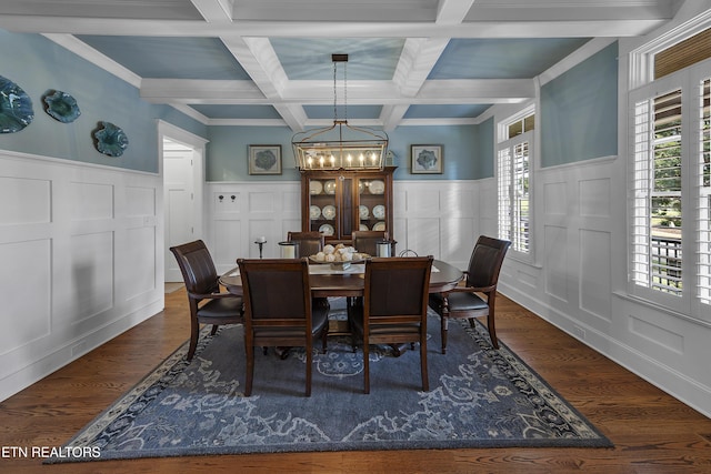 12706 Highwick Cir, Knoxville, TN 37934 - dining space with a decorative wall, a wainscoted wall, a chandelier, beam ceiling, and healthy amount of natural light