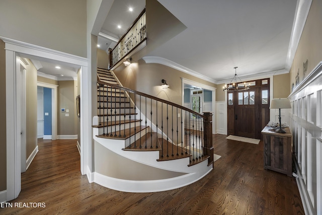 12706 Highwick Cir, Knoxville, TN 37934 - entryway featuring a chandelier, wood finished floors, crown molding, stairway, and recessed lighting
