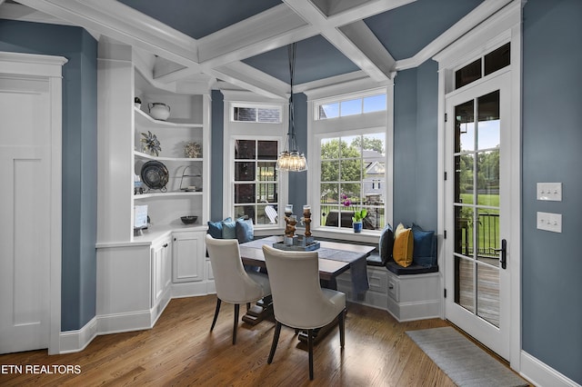 12706 Highwick Cir, Knoxville, TN 37934 - dining space with wood finished floors, coffered ceiling, a chandelier, beamed ceiling, and built in features